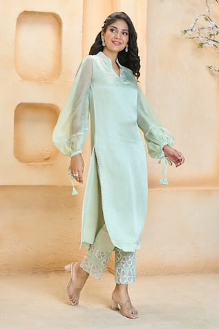 Aariyana Couture Puffed Sleeve Kurta & Embroidered Hem Pant Set 