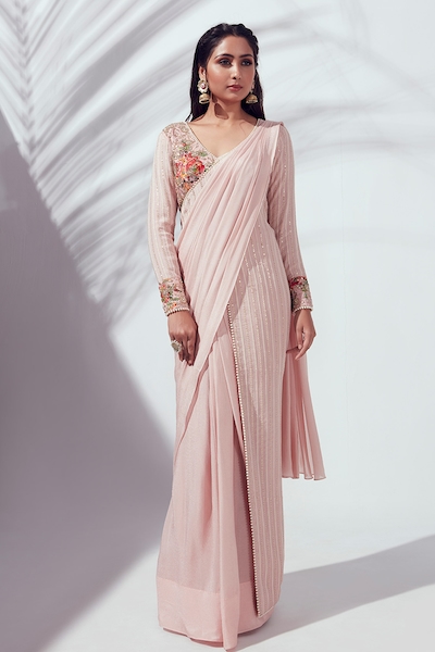 Buy Pink Satin Embellished Pre Draped Saree With Floral Cutdana Blouse For  Women by MEHAK SHARMA Online at Aza Fashions.