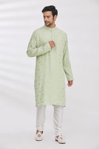 Green Sequin Embroidered Kurta & Pant Set For Kids
