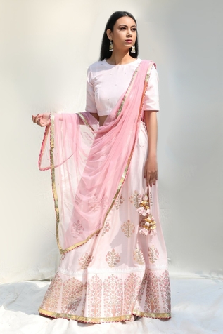 Abbaran Foil Block Print Lehenga Set