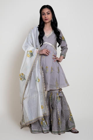 Abbaran Chanderi Block Print Kurta Gharara Set