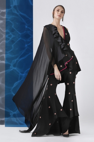 Limerick by Abirr N' Nanki Embroidered one side attached draped peplum top with asymmetric pants