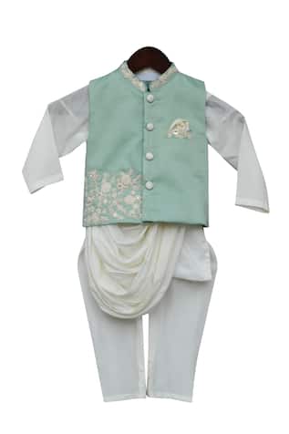 Cowl Draped Kurta Set With Bundi & Churidaar 