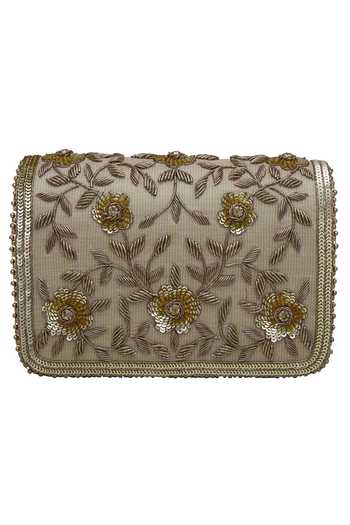 Fuchsia by aashaka mehta Floral Embroidered Gold Clutch with Sling 