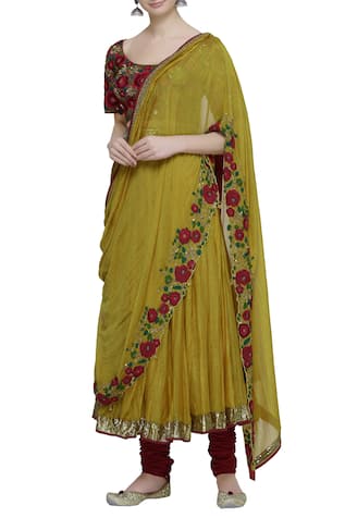 Embroidered Blouse with Skirt Dupatta & Churidar 