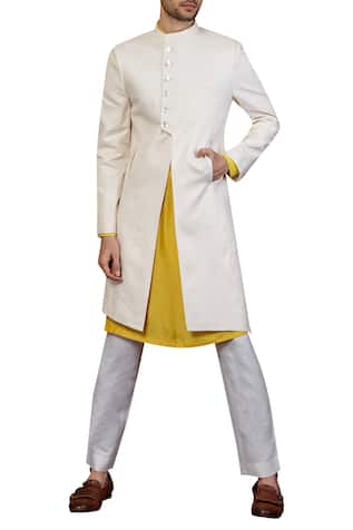 Linen asymmetric sherwani set 