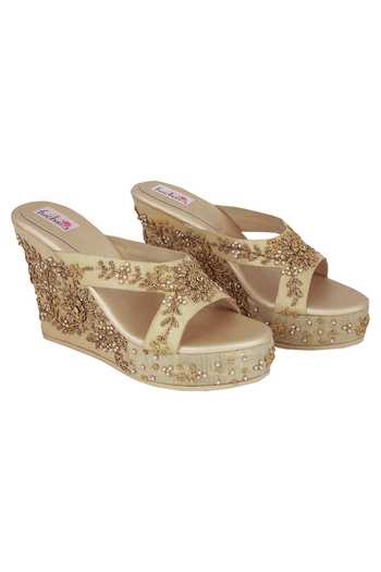 Fuchsia by aashaka mehta Gold & Brown Embroidered Wedges 