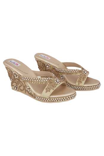 Fuchsia by aashaka mehta Floral Embroidered Gold Wedges 