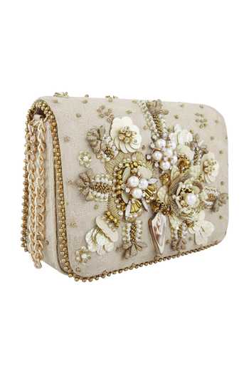 Fuchsia by aashaka mehta Gold Embroidered Clutch with Sling Strap 