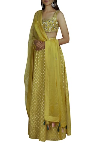 Embellished Floral Yellow Lehenga Set For Kids