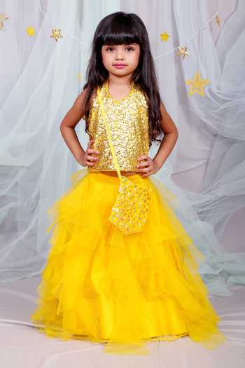 Kirti Agarwal - Pret N Couture Yellow Sequined Top & Flared Skirt Set 