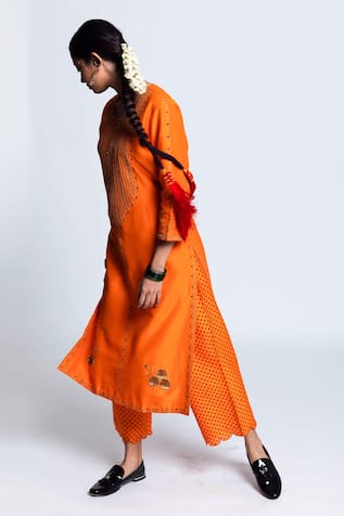 Embroidered Orange Chanderi Silk Kurta Set For Kids