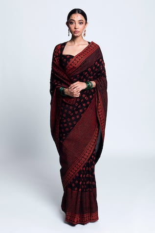 Floral Printed Black Chanderi Silk Saree For Kids