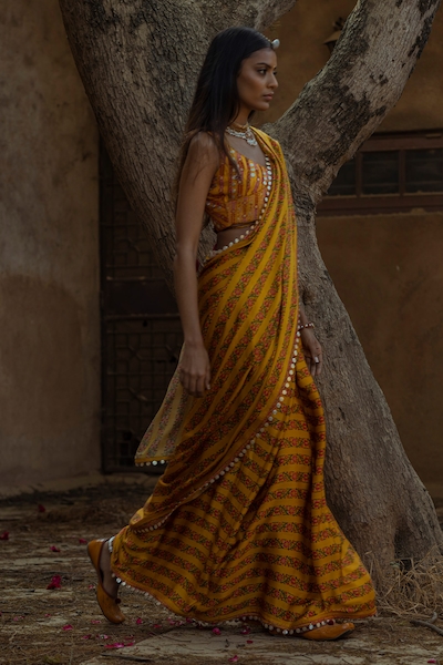 PUNIT BALANA Silk Satin Printed Saree with Blouse