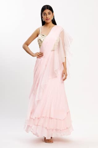 Peach Ruffle Pre-Draped Saree Set For Kids