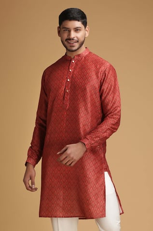 Red Leaf Printed Mandarin Kurta For Kids
