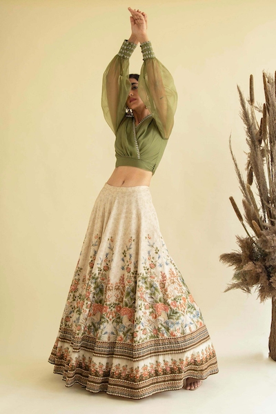 Buy Beige Blouse Tulle Embroidery Round Hand Embellished Lehenga Set For  Women by Pankaj & Nidhi Online at Aza Fashions.