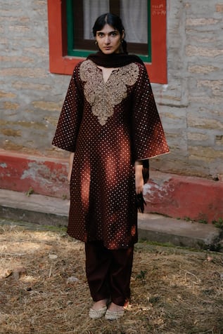 Brown Pashmina Silk Foil Print Kurta Set For Kids