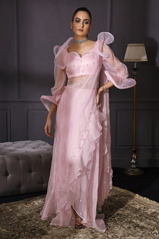 Organza Pre-Draped Ruffle Saree with Blouse 