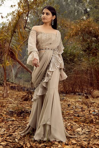 Shop Grey designer Pant And Dhoti Sarees for Women Online Aza Fashions