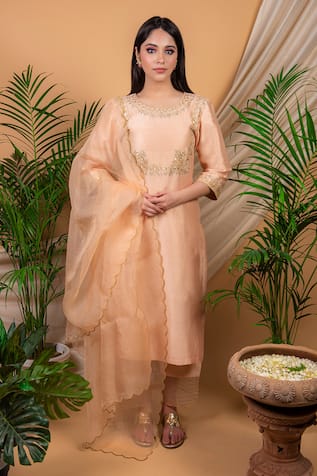 Peach Embroidered Kurta Set With Dupatta For Kids
