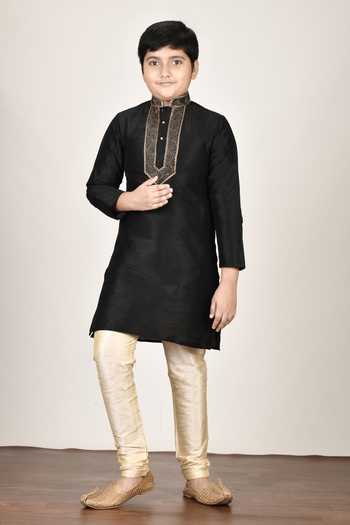 Petite Pomme Black Silk Embroidered Kurta & Churidar Set 