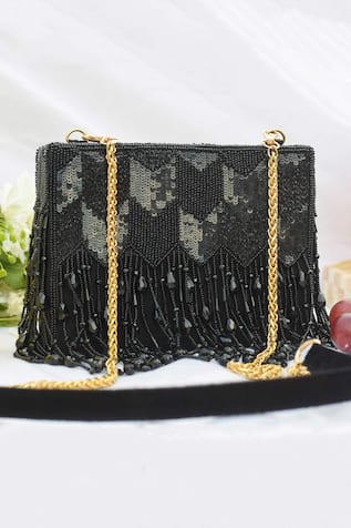 Embroidered Black Box Clutch with Tassels 