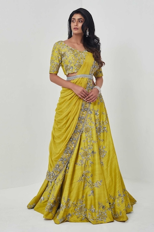 Rishi and Soujit Floral Work Pre-Draped Lehenga Saree Set