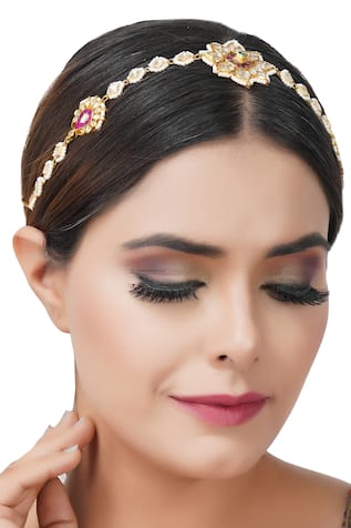 Kundan Floral Motif Gold Plated Headband 