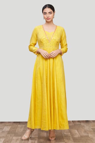 Yellow Embroidered Anarkali & Pant Set For Kids