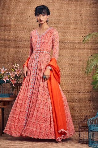 Beige Embroidered Net Anarkali Suit – Maharani