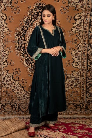 Teal Blue Silk Velvet Embroidered Kurta For Kids