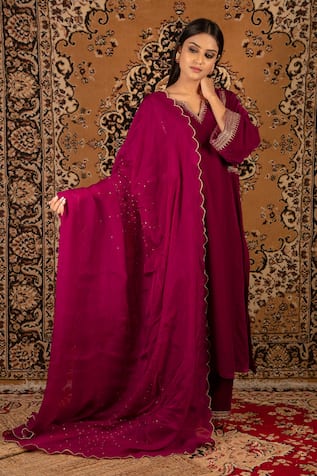 Magenta Embroidered Kurta Set For Kids