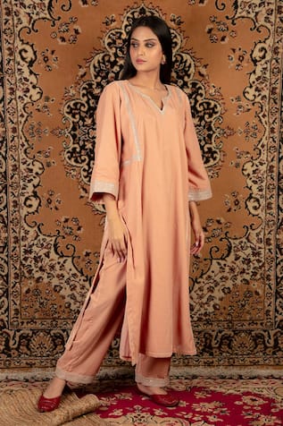 Peach Sequin Embroidered Kurta & Pant Set For Kids