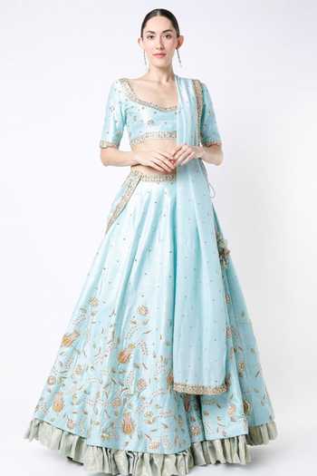 Blue Lotus Design Raw Silk Bridal Lehenga Set 