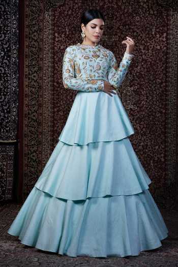 Blue Lotus Design Raw Silk Blouse & Lehenga Set 