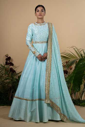 Blue Lotus Design Raw Silk Anarkali With Dupatta 