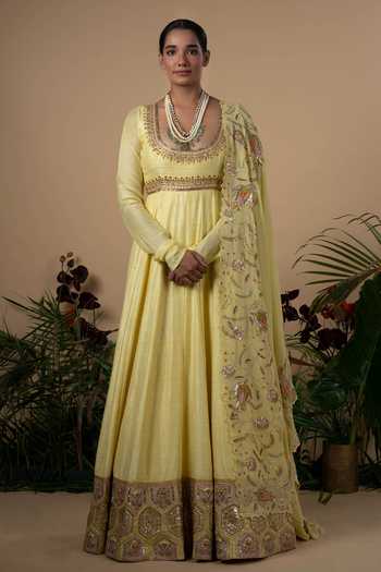 Blue Lotus Design Raw Silk Anarkali With Dupatta 