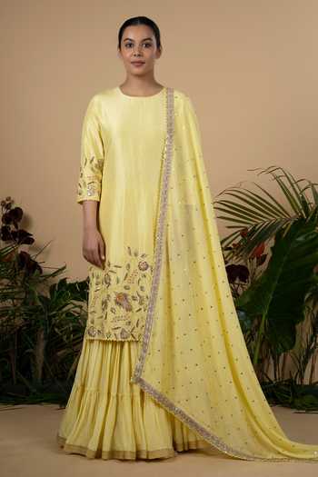 Blue Lotus Design Embroidered Kurta Gharara Set 
