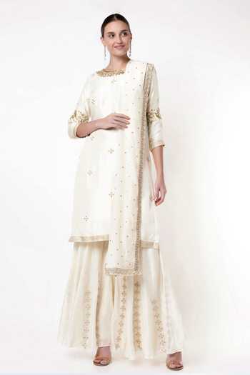 Blue Lotus Design Embroidered Kurta Gharara Set 