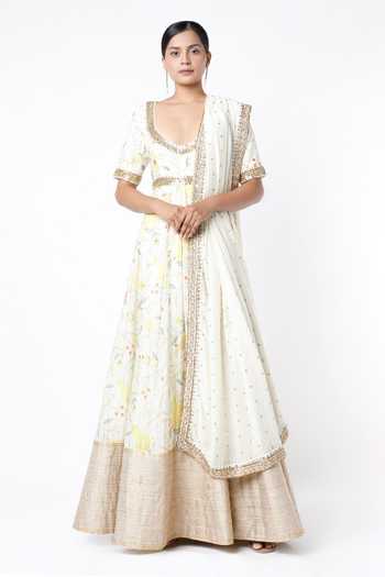 Blue Lotus Design Floral Print Anarkali with Dupatta 