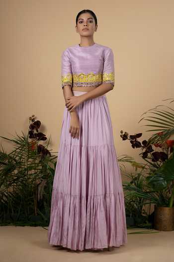 Blue Lotus Design Tiered Lehenga & Applique Blouse Set 