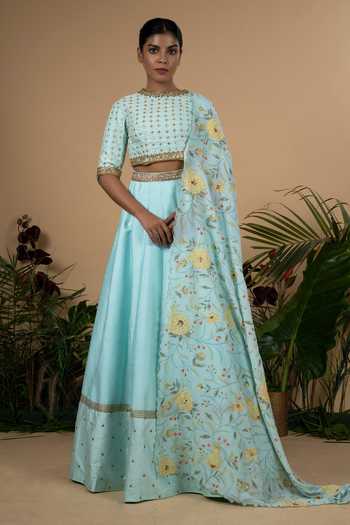 Blue Lotus Design Embroidered Raw Silk Lehenga Set 