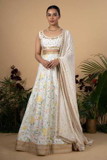 Blue Lotus Design Printed Raw Silk Lehenga Set 