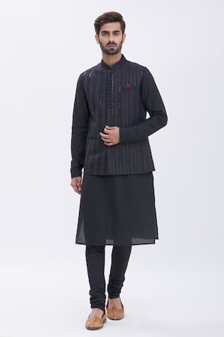 Black Thread Work Bundi & Kurta Set For Kids