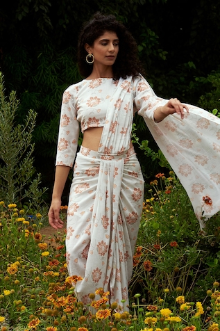 Pasha India Linen Floral Print Saree With Blouse