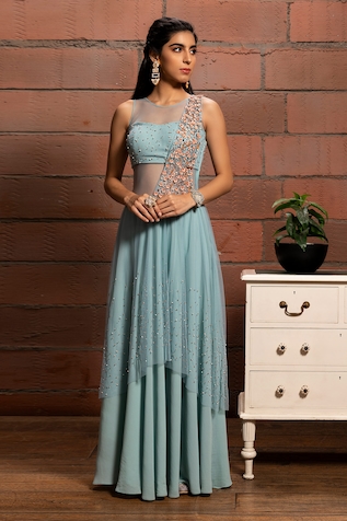 Richa Jaisinghani Label Floral Applique Saree Gown