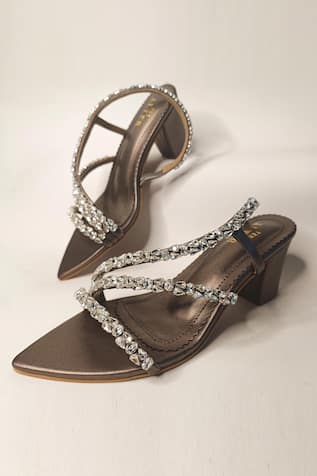 THE ALTER Kiara Rhinestone Embellished Strappy Block Heels 