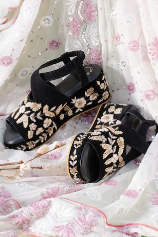 Floral Zari Embroidered Black Wedges 