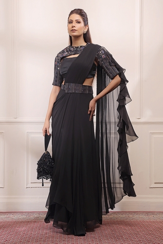 Isha Gupta Tayal Ruffle Pre-Draped Saree Set With Cape